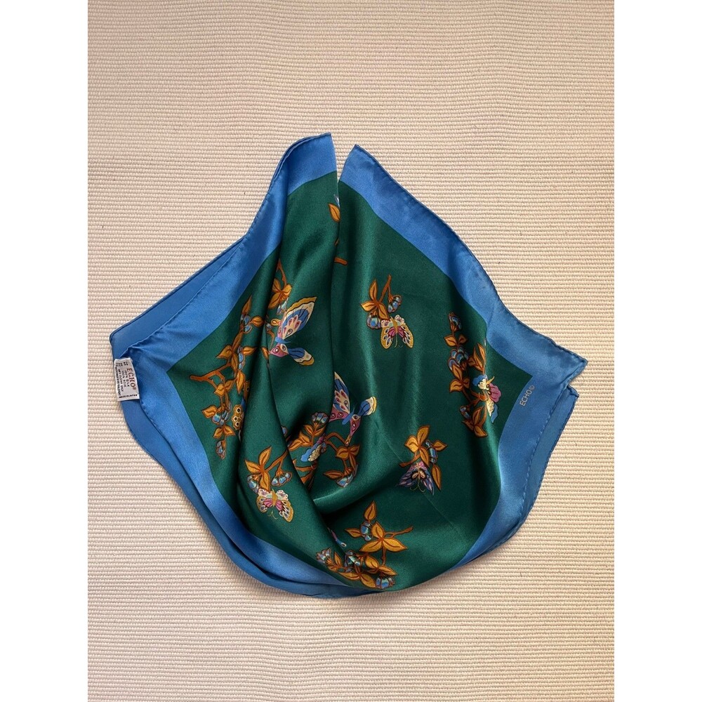 Vintage ECHO 100% Silk Butterfly Print Square Scarf in Green/Blue 26" x 26"